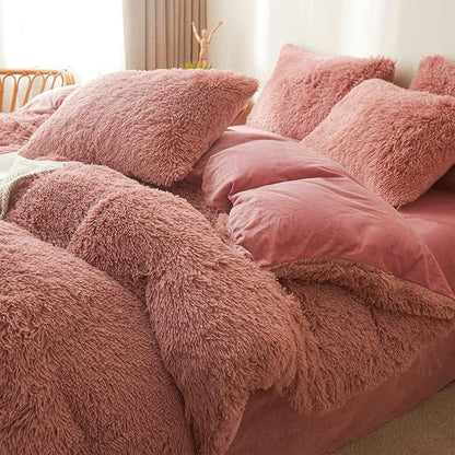 Old Pink Plush Fluffy Comforter Cover Set Queen - Ultra Soft Faux Fur Old Pink Bedding Sets 3 Pieces (1 Fuzzy Duvet Cover + 2 Pillow case) Shaggy Bed Set (Old Pink, Queen)