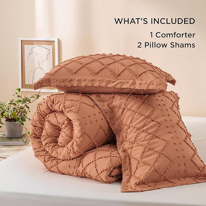 Bedsure Full Size Comforter Set - Pumpkin Comforter, Boho Tufted Shabby Chic Bedding Comforter Set, 3 Pieces Vintage Farmhouse Bed Set for All Seasons, Fluffy Soft Bedding Set with 2 Pillow Shams