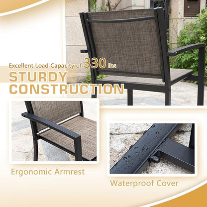 Greesum 4 Pieces Patio Furniture Set Outdoor Conversation Textilene Fabric Chairs for Lawn, Garden, Balcony, Poolside with A Glass Coffee Table, Brown