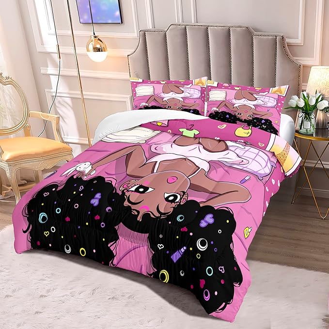 African American Black Girls Queen Comforter Sets, Black Girl Comforter Set Queen Size, Black Girls Comforter Queen Size African American Black Girls Bedding Set, Pink, 1 Comforter+2 Pillowcases
