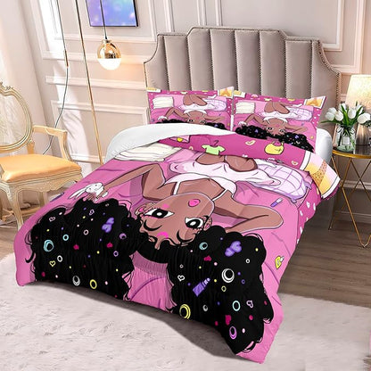African American Black Girls Queen Comforter Sets, Black Girl Comforter Set Queen Size, Black Girls Comforter Queen Size African American Black Girls Bedding Set, Pink, 1 Comforter+2 Pillowcases