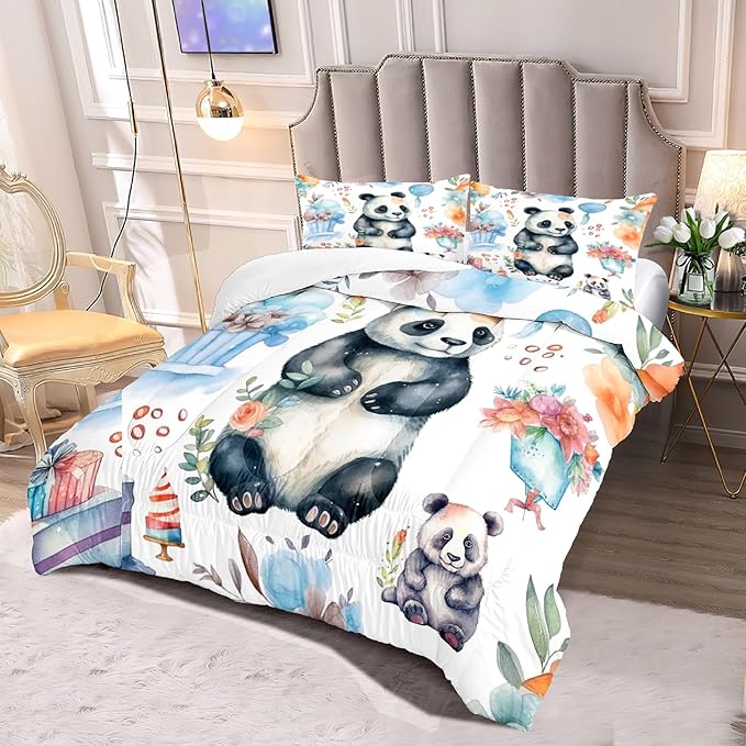 Panda Comforter Set Full Size - Panda Bedding for Boys Girls Cute Panda Set Cartoon Pandas Print Comfort Full Bedding Set for Kids Teens, 1 Comforter+2 Pillowcases