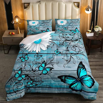 Butterfly Bedding Sets for Girls Teens Women Bedroom Rustic Flower Comforter Set King Size,Blue Butterflies White Chic Floral Duvet Set Retro Vintage Romantic Style Quilt Set Soft Lightweight