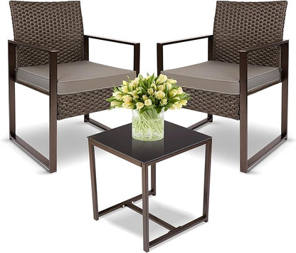 YIYAN 3 Pieces Outdoor Furniture Set Patio Rattan Wicker Chairs & teatable,Lawn Garden Balcony Backyard,with Washable Cushion (Gray)