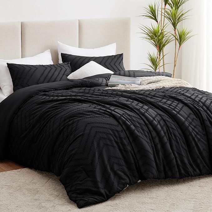 CozyLux California King Size Comforter Set Black - 3 Pieces Cal King Boho Tufted Shabby Chic Bedding Comforter Set for All Seasons, Chevron Bedding Sets with Comforter & 2 Pillow Shams