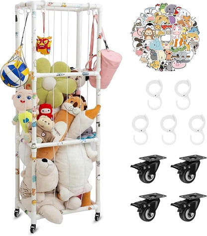 X-Large Plush Stuffed Animal Zoo Cage with Wheels, 67.7'' Stuffed Animal Storage Zoo Holder Standing, Toy Storage Organizer Shelves Basket with Net for Playroom, Bedroom, Nursery