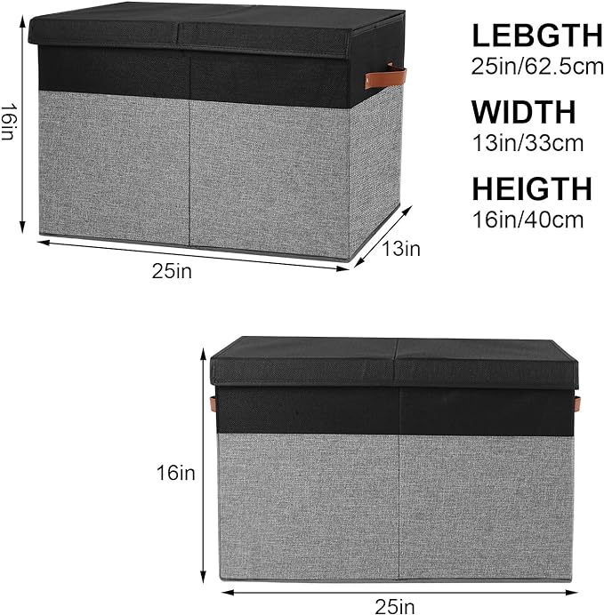 Large Toy Storage Box with Lid, Sturdy Toys Storage Chest Bin Organizer Basket with Dividers for Kids, Boys, Girls, Nursery, Closet, Bedroom, Playroom 25"x13" x16" (Black and Grey)