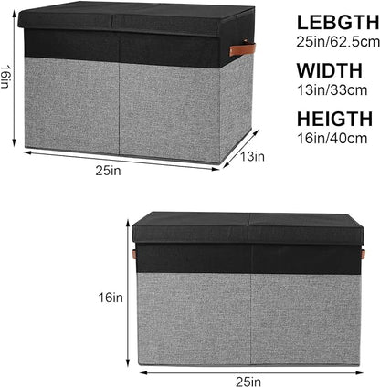 Large Toy Storage Box with Lid, Sturdy Toys Storage Chest Bin Organizer Basket with Dividers for Kids, Boys, Girls, Nursery, Closet, Bedroom, Playroom 25"x13" x16" (Black and Grey)