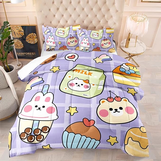 Kawaii Bear Comforter Set for Kids Teens Girls Women,Purple Bear Kids Comforter,1 Comforter with 2 Pillowcase, Microfiber 3 Piece Bedding Set,for All Seasons(Purple，Queen Size)