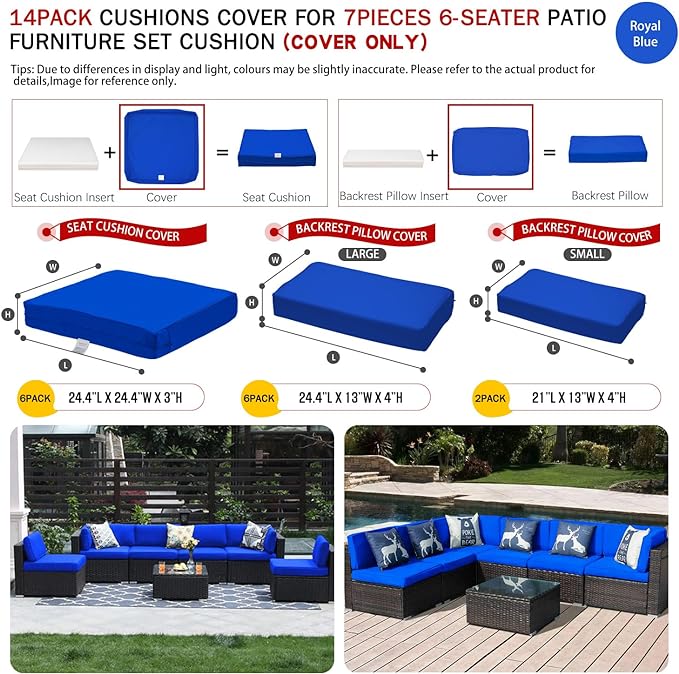 ClawsCover 14Pack Outdoor Patio Seat and Back Cushions Replacement Covers Fit for 7Pieces 6-Seater Wicker Rattan Sectional Couch Chair Furniture Set,Royal Blue-Include Cover Only (Small)