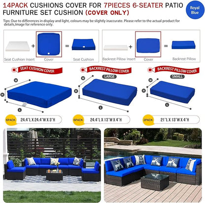 ClawsCover 14Pack Outdoor Patio Seat and Back Cushions Replacement Covers Fit for 7Pieces 6-Seater Wicker Rattan Sectional Couch Chair Furniture Set,Royal Blue-Include Cover Only (Small)