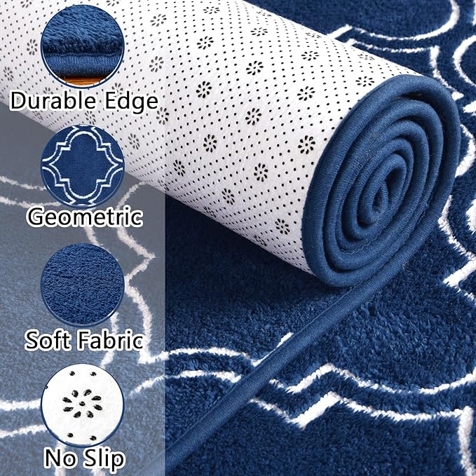 Chicrug Shag Geometric Modern Area Rug for Living Room, 7x10 Feet Large Memory Foam Indoor Carpet, Fluffy Rug for Bedroom Bedside Room Decor for Family Girls Kids Nursery, Navy/White
