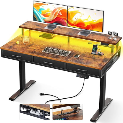 AODK 47 Inch Electric Standing Desk with 3 Drawers, Brown, Height Adjustable Desk with Power Outlets & LED Lights, Stand Up Desk with Monitor Shelf, Sit Stand Desk Computer Workstation