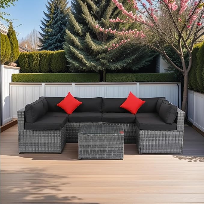 5-Pieces Patio Furniture Set with Coffee Table and 2 Pillows, PE Rattan Outdoor Conversation Sectional Sofa Seating Goup for Balcony Front Porch Backyard Law, Grey Wicker+Black Cushion