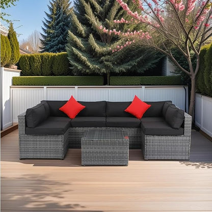 5-Pieces Patio Furniture Set with Coffee Table and 2 Pillows, PE Rattan Outdoor Conversation Sectional Sofa Seating Goup for Balcony Front Porch Backyard Law, Grey Wicker+Black Cushion