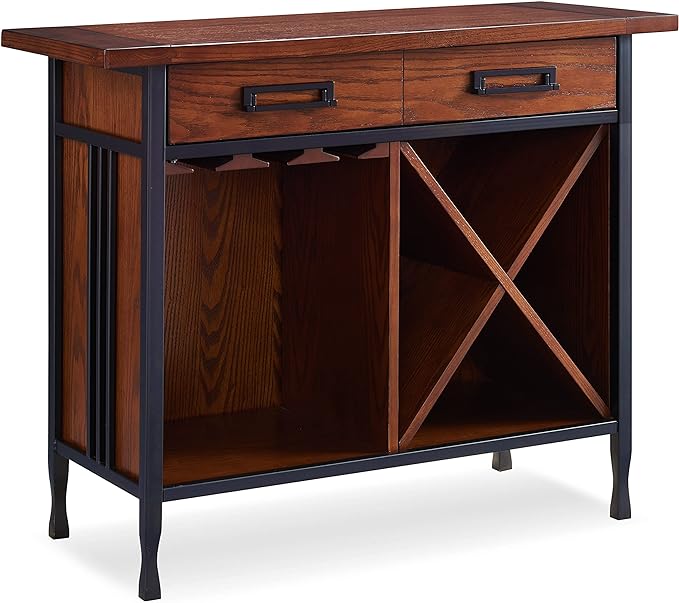Leick Home 11240 Ironcraft Rustic One Drawer Mini-bar/Wine Stand with Glass and Bottle Storage, Mission Oak, 16 x 36 x 30