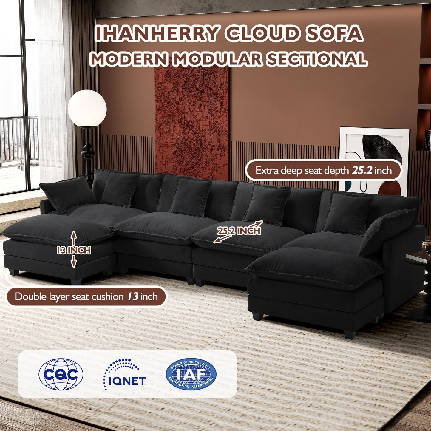 Ihanherry 111.4" L Shaped Modern Sofa Modular Sectional Cloud Couch with Ottoman, 4-Seat Chenille Deep Seat Sofa with Pillow for Living Room, Bedroom and Apartment, Beige