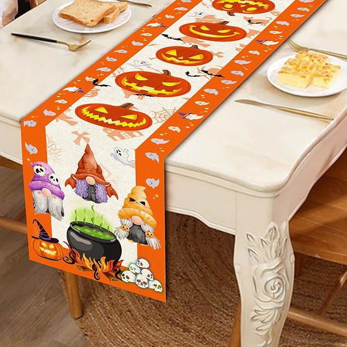Halloween Table Runner, Halloween Table Runner 108 Inches Long, Halloween Gnomes Pumpkins Runners for Table, Black Cat Trick or Treat Decor Extra Long Burlap Runner Rug for Decorations Dining Room