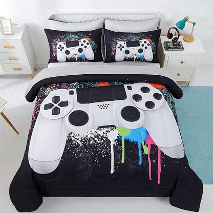 KAKKI 5 Piece Boys Queen Gamer Comforter Set with Sheets, 3D Colorful Video Game Controller Comforter for Kids Teen, All Season Soft Microfiber Gaming Bedding Set(White,Queen)