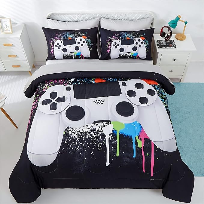 KAKKI 4 Piece Boys Twin Gamer Comforter Set with Sheets, 3D Colorful Video Game Controller Comforter for Kids Teen, All Season Soft Microfiber Gaming Bedding Set(White,Twin)