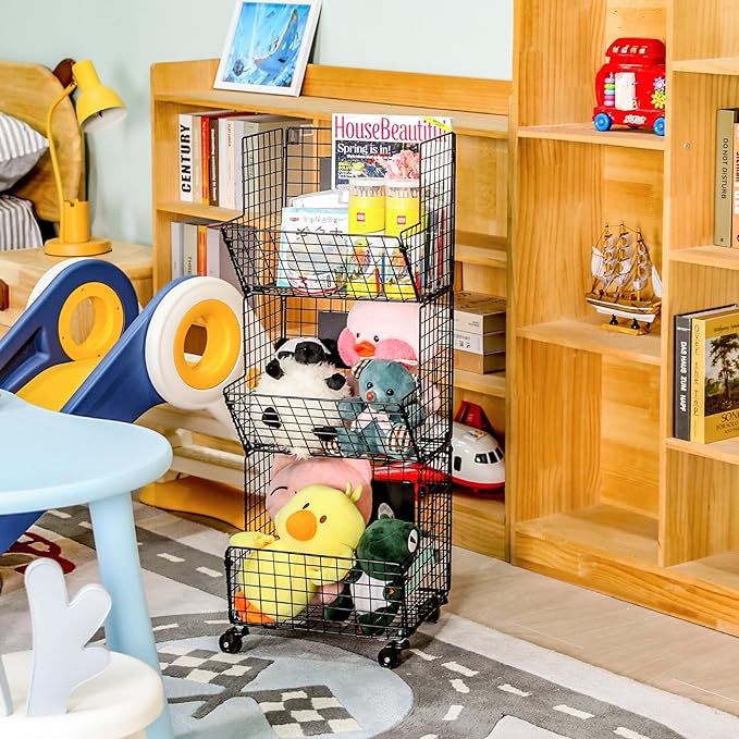 3 Tier Metal Wire Baskets - Toy Organizer Basket Shelf with Wheel, S-Hooks, Rolling Cart Hanging Storage Baskets for Child Room, Playroom, Bedroom, Kitchen (Black)