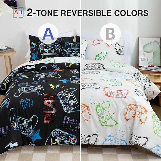 Meeting Story Gamer Gaming Bedding Sets Fluorescence Gamepad Comforter Set for Boys Games Console Action Buttons Novelty Colorful Modern Room Decor Home Quilt Set (Black, Twin6pcs)