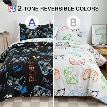 Meeting Story Gamer Gaming Bedding Sets Fluorescence Gamepad Comforter Set for Boys Games Console Action Buttons Novelty Colorful Modern Room Decor Home Quilt Set (Black, Twin6pcs)