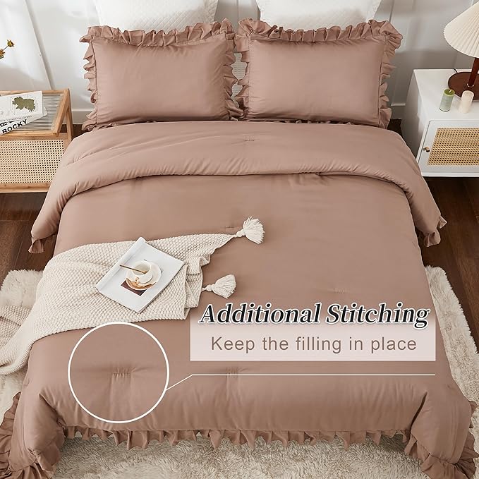 Andency Taupe King Comforter Set(104x90Inch), 3 Pieces(1 Ruffle Comforter and 2 Pillowcases) Lightweight and Fluffy Bedding Comforter Set, All Season Soft Microfiber Shabby Chic Bedding Set