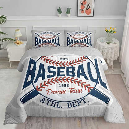 Datura home Baseball Comforter Set Vintage Grey Baseball Printed Quilt Bedding Set with 1 Comforter and 2 Pillowcases for Boys and Girls Bedroom All Season(Baseball Twin)