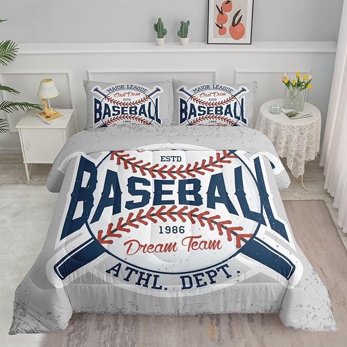Datura home Baseball Comforter Set Vintage Grey Baseball Printed Quilt Bedding Set with 1 Comforter and 2 Pillowcases for Boys and Girls Bedroom All Season(Baseball Queen)