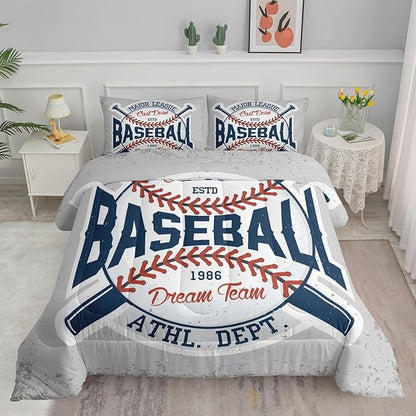 Datura home Baseball Comforter Set Vintage Grey Baseball Printed Quilt Bedding Set with 1 Comforter and 2 Pillowcases for Boys and Girls Bedroom All Season(Baseball Queen)