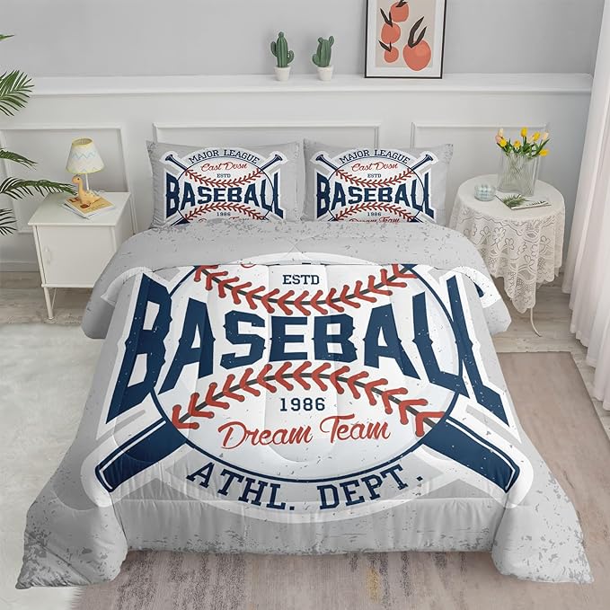 Datura home Baseball Comforter Set Vintage Grey Baseball Printed Quilt Bedding Set with 1 Comforter and 2 Pillowcases for Boys and Girls Bedroom All Season(Baseball Full)