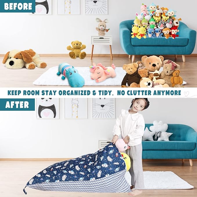 Stuffed Animal Storage Bean Bag Chair Cover, Cotton Blue Universe Plush Toy Storage Stuff and Sit Seat for Kids/Teens/Adults, 52" x 31" Extra Large Triangle Floor Sofa, 200L/52Gal, Cover Only