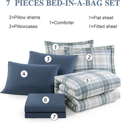 Blue King Size Comforter Set, Plaid King Bed Sets for Boys & Girls,Classic Homestead-Style King Sized Comforter Bedding Set with Sheets and Comforter Sets