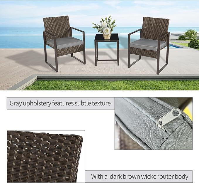 3 Pieces Patio Furniture Set Outdoor Wicker Bistro set Rattan Chair Conversation Sets with Coffee Table for Porch, Balcony,Garden,Backyard and Removable Cushions Grey