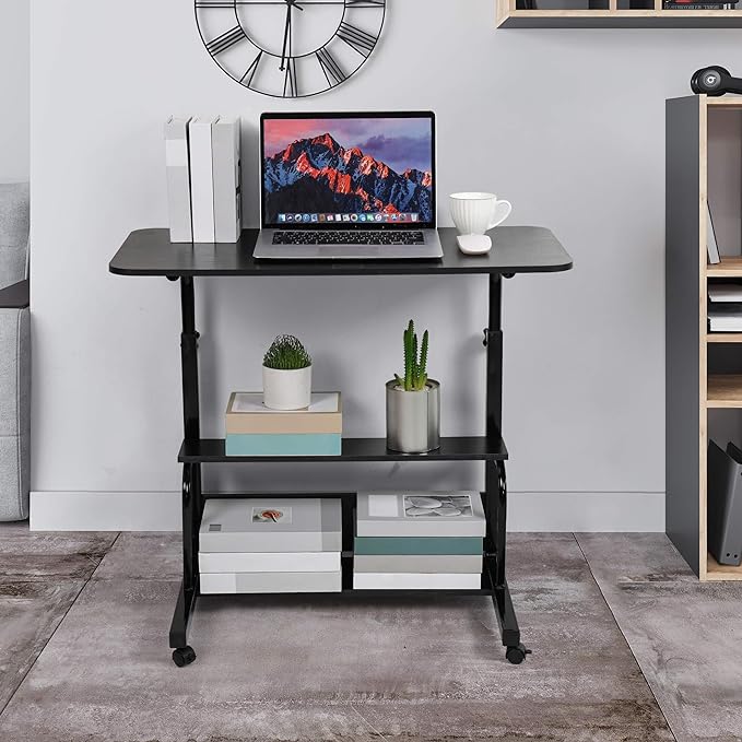 Adjustable Home Office Desk Portable Student Study Computer Desk Furniture for Small Spaces Movable Sofa Side Table on Wheels Laptop Desk with Storage Black Size 31x16 Inch