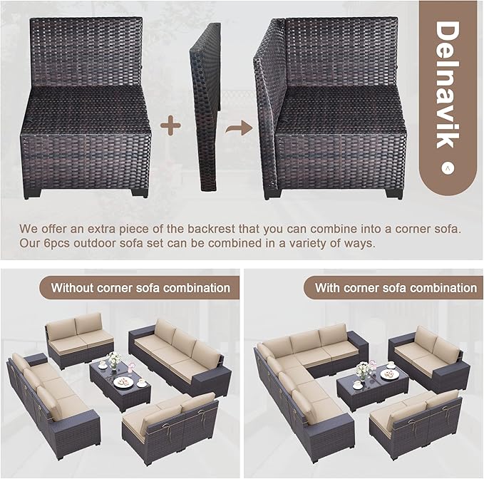 Patio Furniture Set Sofa 12-Pieces Wicker Sectional Sofa Set, Outdoor Furniture Rattan Patio Conversation Set with Thickened Cushions and Glass Coffee Table, Sand