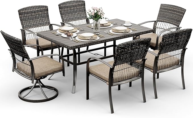 Pamapic 7 Piece Patio Dining Set for 6,Outdoor Wicker Furniture Set for Backyard Garden Deck Poolside with 4 Dining Chairs and 2 Swivel Rockers,Iron Slats Table Top, Removable Cushions(Beige)