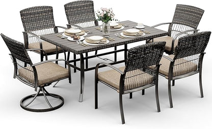 Pamapic 7 Piece Patio Dining Set for 6,Outdoor Wicker Furniture Set for Backyard Garden Deck Poolside with 4 Dining Chairs and 2 Swivel Rockers,Iron Slats Table Top, Removable Cushions(Beige)