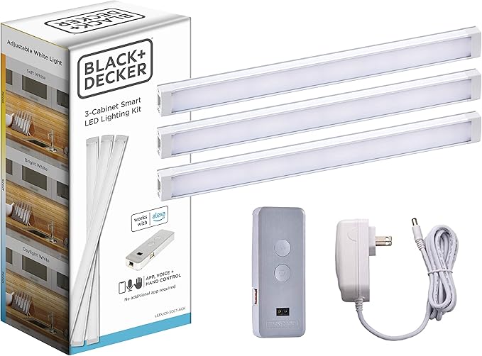 BLACK+DECKER Works with Alexa Smart Under Cabinet Lighting Kit, Adjustable LEDs, (3) 9" Bars White