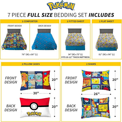 Franco Kids Bedding Super Soft Comforter and Sheet Set with Sham, 7 Piece Full Size, Pokemon