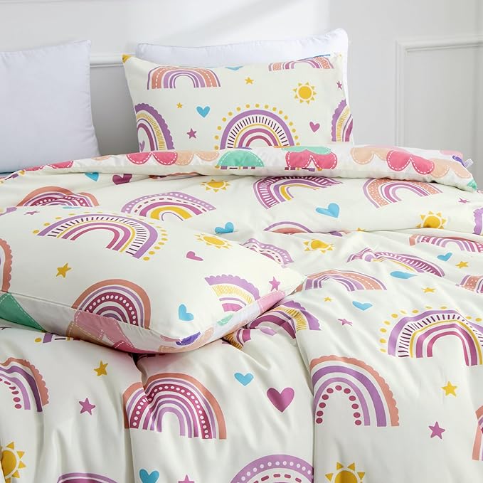 Btargot Lightweight Soft 3 Piece Rainbow Comforter Set with 2 Pillow Covers, Cartoon Love Hearts Suns and Stars Bedding Set for Girls Boys Kids, Full Purple