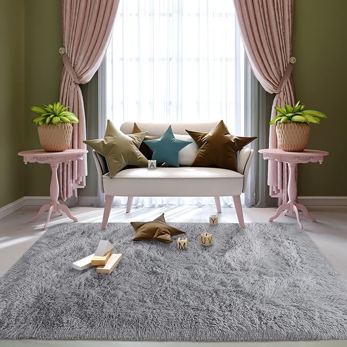Super Soft Fluffy Shaggy Rugs 4x5.9 Feet for Living Room Bedroom, Fuzzy Plush Area Rugs for Girls Kids Room Nursery Home Decor, Furry Dorm Throw Rug Cute Non-Slip Indoor Floor Carpet, Grey