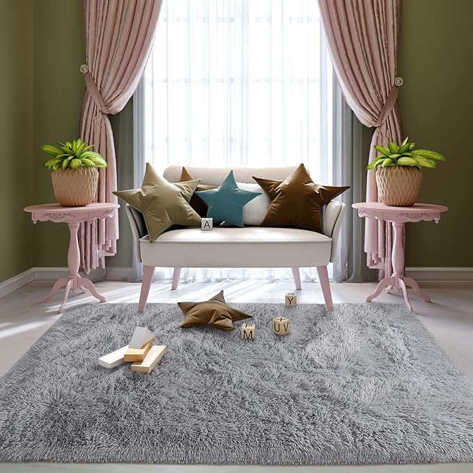 Super Soft Fluffy Shaggy Rugs 6x9 Feet for Living Room Bedroom, Fuzzy Plush Area Rugs for Girls Kids Room Nursery Home Decor, Furry Dorm Throw Rug Cute Non-Slip Indoor Floor Carpet, Grey