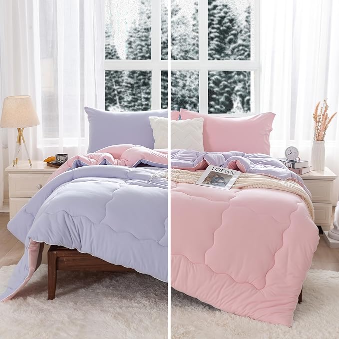 COTTEBED Reversible Ultra-Soft Warm King Size Comforter Set, California Cal King Down Comforter Cozy Fully Breathable Bedding 1 Down Alternative Quilt and 2 Pillowsham Winter Pink and Purple