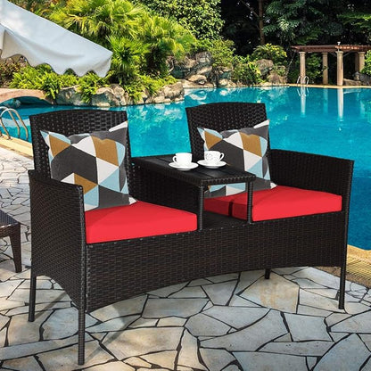 LUARANE Outdoor Rattan Sofas, Contract Patio Conversation Set Wicker Sofa Set with Built-in Coffee Table, Patio Furniture Set with Cushions, Rattan Loveseat for Lawn Backyard Garden (Brown+Red)