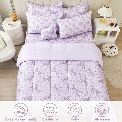 Mooreeke Full Size Comforter Sets for Girls Kids, 8 Pieces Bed in a Bag Purple Floral Unicorn Bedding Comforter Sheet Set with Shams and Decorative Toy Pillow, Ultral Soft Microfiber Kids Bed Set