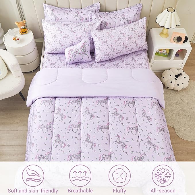 Mooreeke Twin Size Comforter Sets for Girls Kids, 6 Pieces Bed in a Bag Purple Floral Unicorn Bedding Comforter Sheet Set with Shams and Decorative Toy Pillow, Ultral Soft Microfiber Kids Bed Set