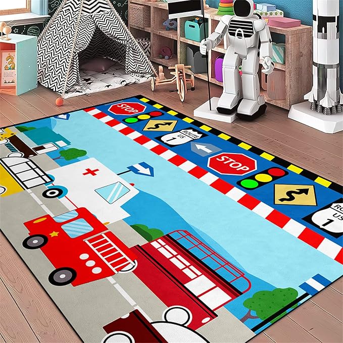 Cartoon Ambulance Car Area Rug Car Carpet for Kids Play Rug for Cars and Trucks Car Rug Play Mat Car Track Rug Truck Rugs for Boys Room Rugs for Boys Bedroom,Light Blue 3'×4'