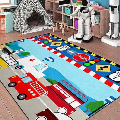 Cartoon Ambulance Car Area Rug Car Carpet for Kids Play Rug for Cars and Trucks Car Rug Play Mat Car Track Rug Truck Rugs for Boys Room Rugs for Boys Bedroom,Light Blue 2'5''×4'